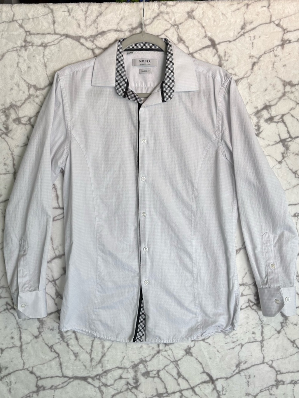 MONZA Button-Down Shirt Men’s S 14 1/2 Neck White w Black Contrast Trim Italy